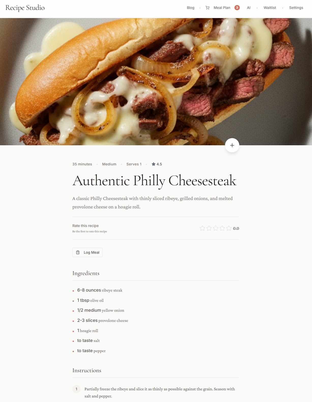 Recipe detail page showing an AI-generated Philly Cheesesteak with ingredients and instructions