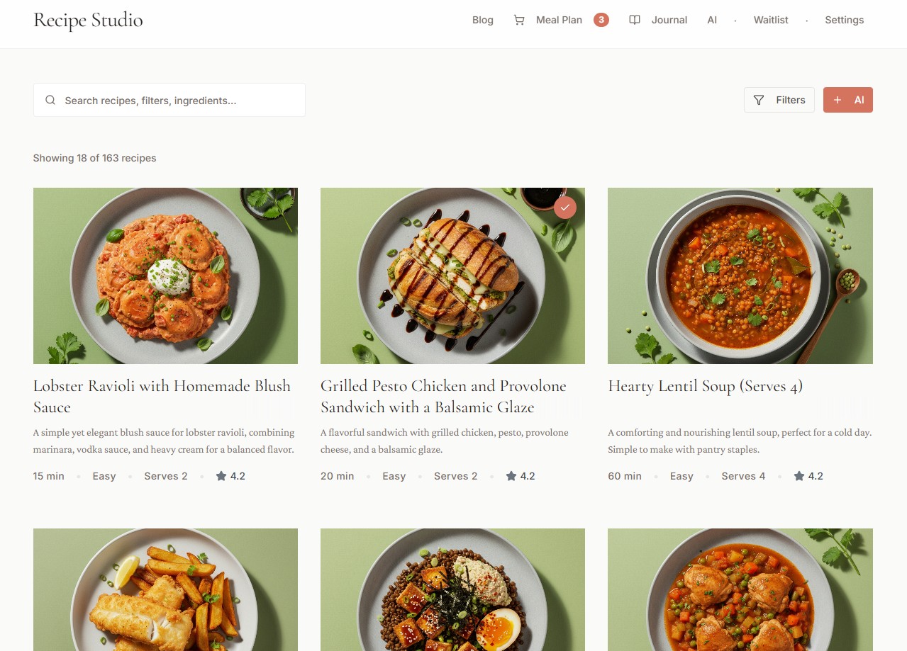 Recipe Studio interface showing a grid of AI-generated recipe cards